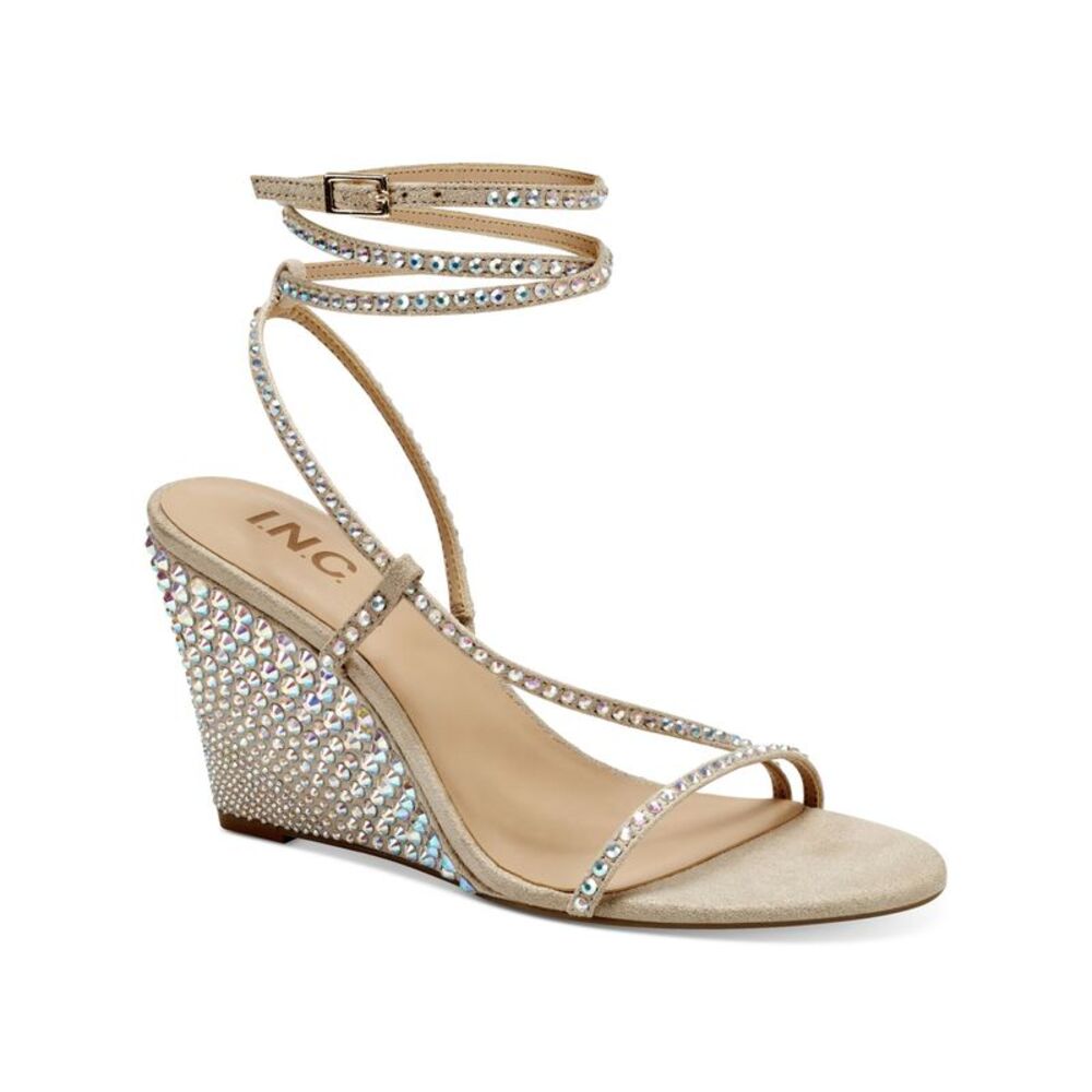 INC Womens Beige Strappy Rhinestone Ren Round Toe Wedge Heeled Sandal 7.5 M